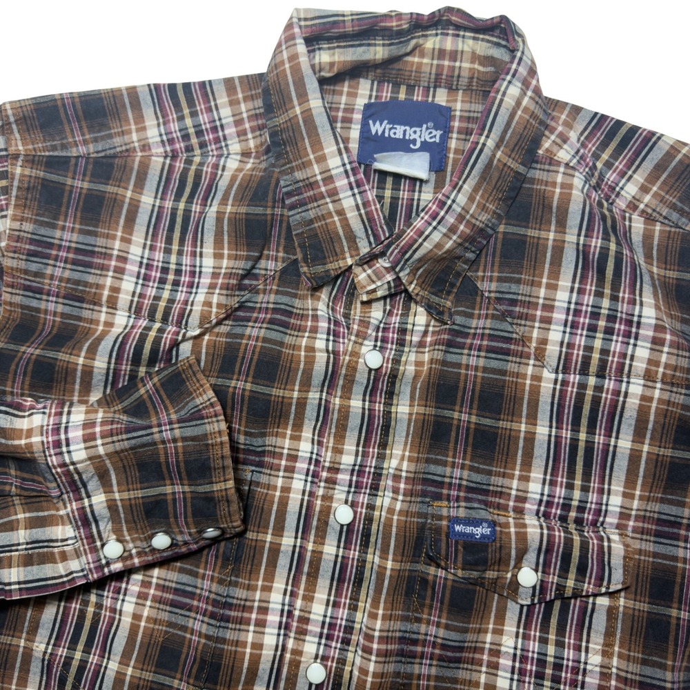 Wrangler Vtg Western rodeo Pearl Snap Large Brown Plaid Unhemmed heavy flannel